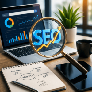 SEO services concept with analytics and growth strategy