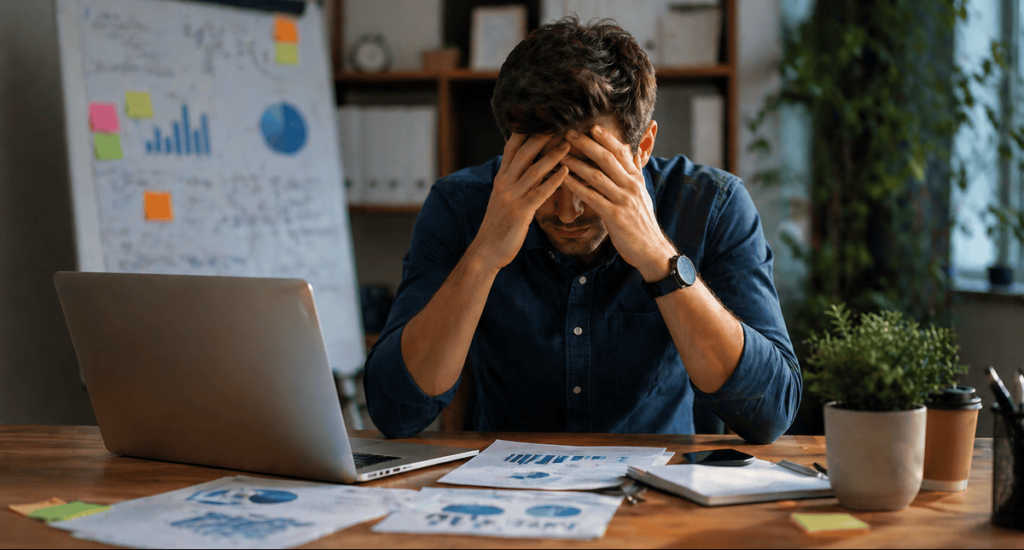 Lead conversion challenges faced by a frustrated business owner struggling to turn leads into sales