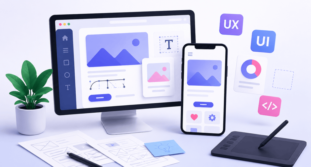Modern UI/UX design workspace showcasing website and mobile app interface development.
