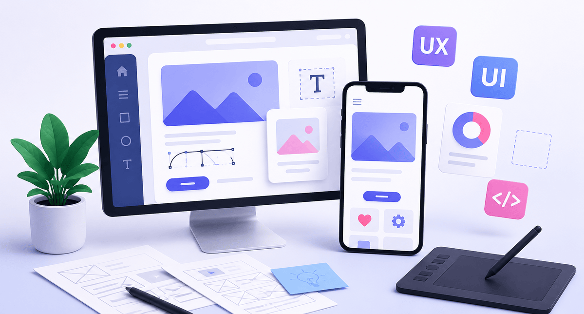 Modern UI/UX design workspace showcasing website and mobile app interface development.