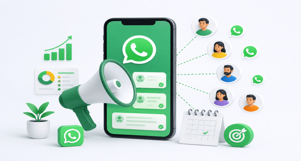 Bulk WhatsApp marketing illustration showing smartphone, WhatsApp messaging, customer communication, and business campaign automation.