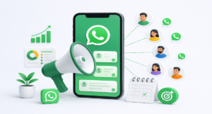 Bulk WhatsApp marketing illustration showing smartphone, WhatsApp messaging, customer communication, and business campaign automation.