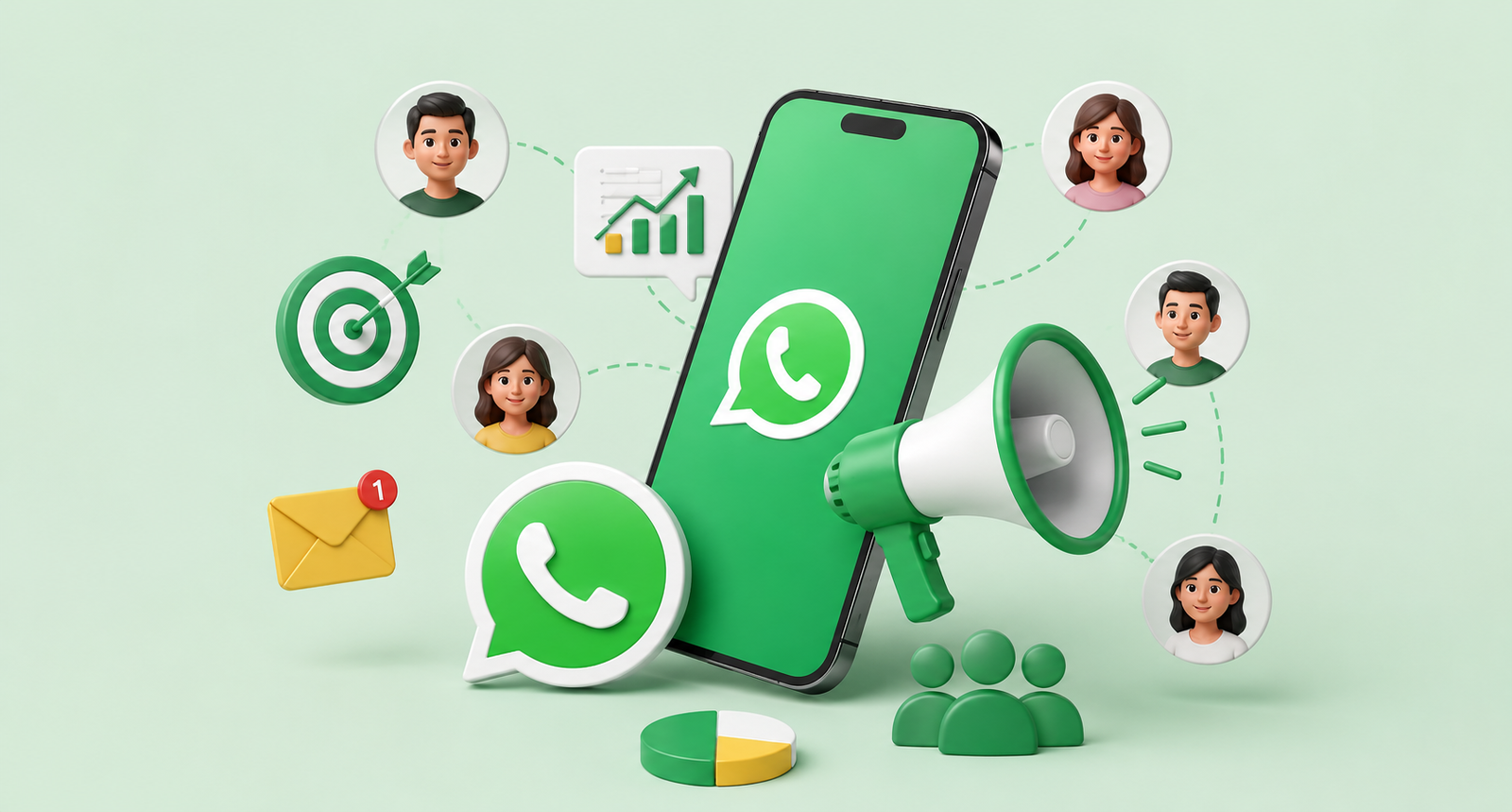 3D illustration of bulk WhatsApp marketing strategies with smartphone, analytics, customer engagement icons, and sales growth elements for lead generation.