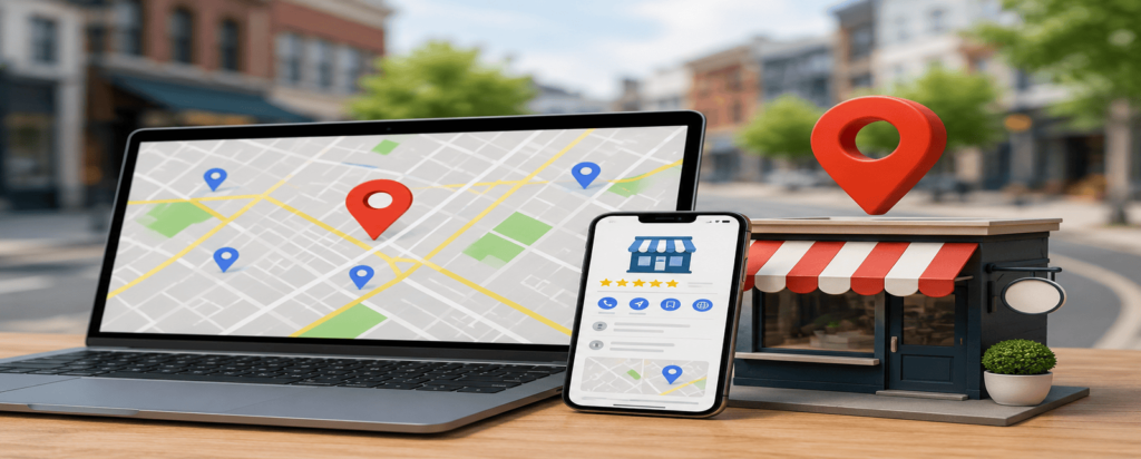 Google Business Profile with local SEO map and business location.