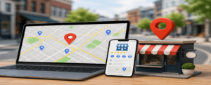 Google Business Profile with local SEO map and business location.